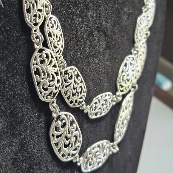 Silver Tone Layered Filigree Chain Necklace 20-23" - Picture 6 of 14